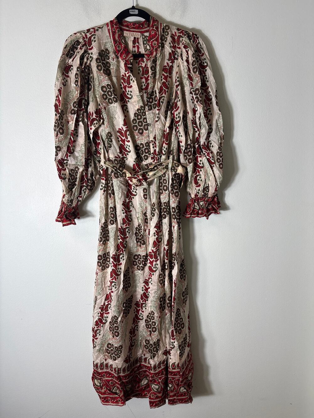 by TiMo Red and Off White Long Sleeve Belted Maxi Dress Sz L